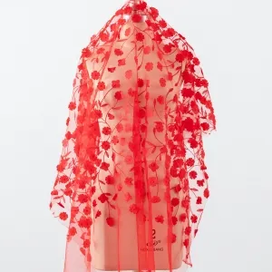 Red 3D Flower Lightweight Mesh Embroidery Fabric
