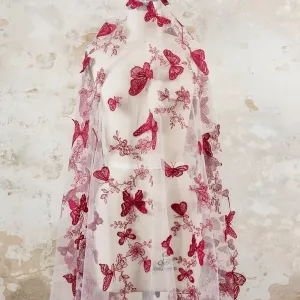 wine 3d butterfly embroidery lace fabric for prom dress