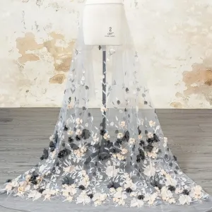 charcoal and nude 3d flower on gray mesh embroidery