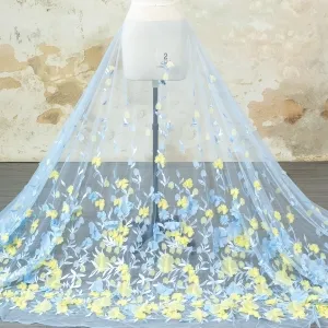Sky Blue and Daffodil 3D Floral Ethereal Embroidery