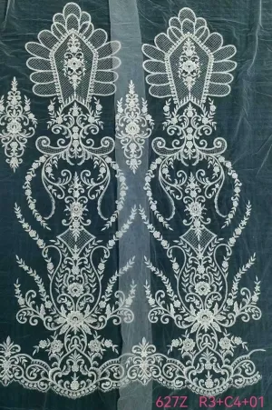 sequinned corded architectural fan motif mesh lace