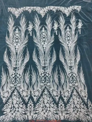 heavy beaded pearl symmetrical plume frond lace fabric