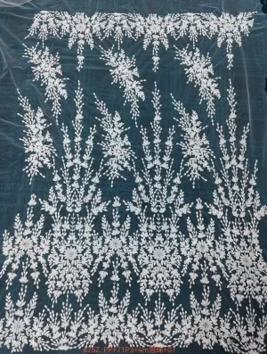 heavy beaded pearl double border botanical mesh lace