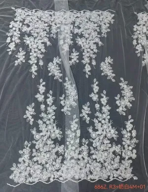 matte white sequin beaded double border floral lace