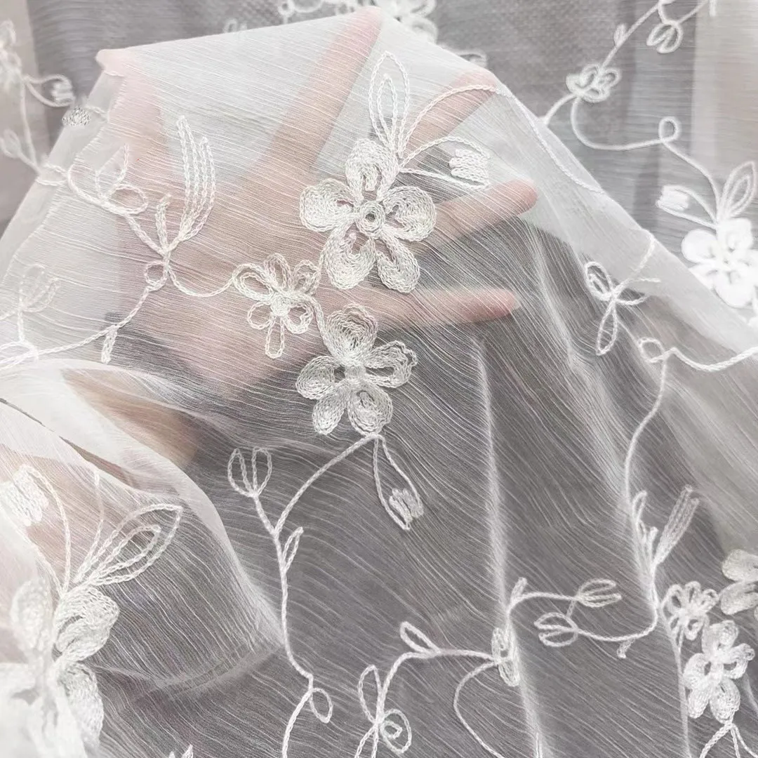 delicate botanical floral vine embroidered crinkled sheer chiffon fabric delicate botanical floral vine embroidered crinkled sheer chiffon fabric