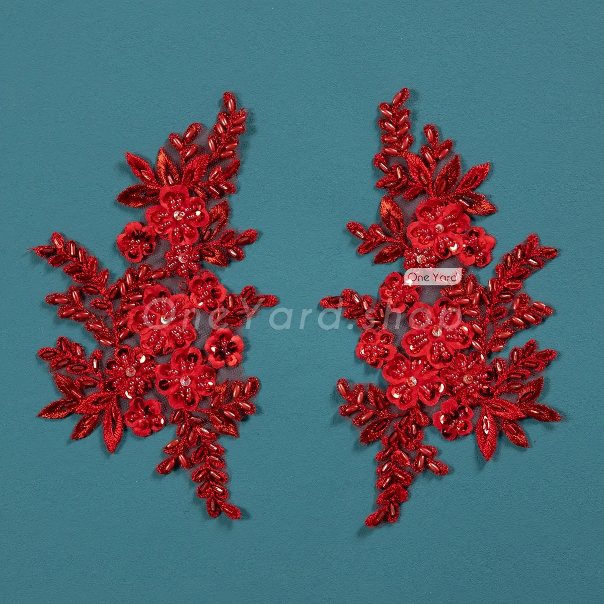 dark red beaded floral lace applique