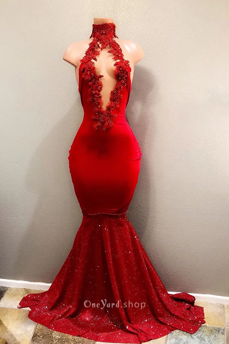 red pearl beaded lace appliqued dress