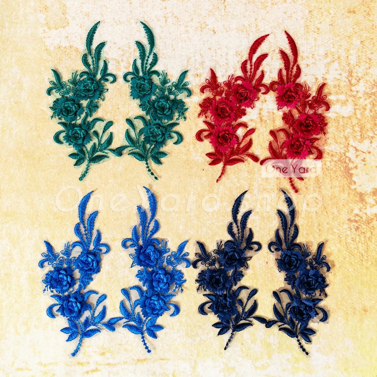 colored 3d rose vine embroidered lace applique pairs