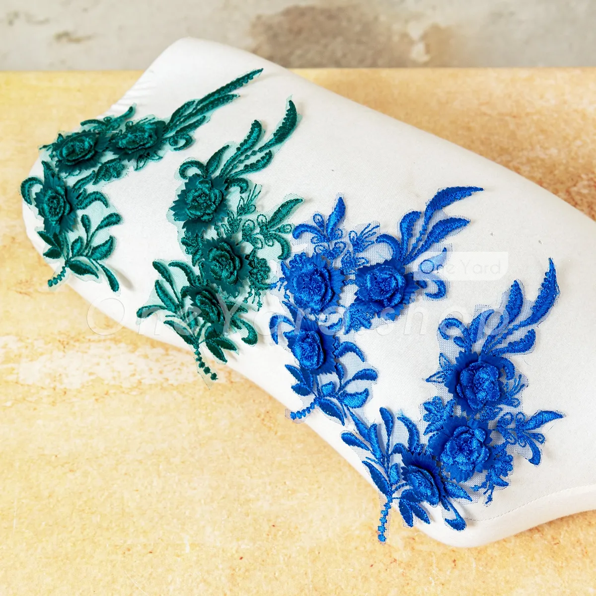 lifelike 3D rose flower and leaf lace applique pair