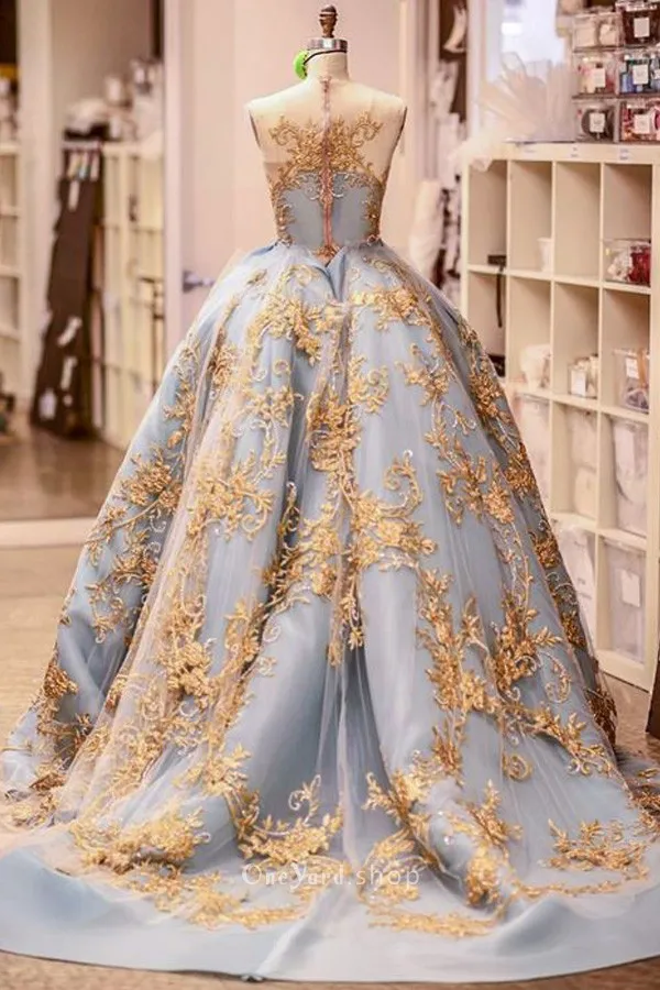 3D gold lace appliqued ball gown