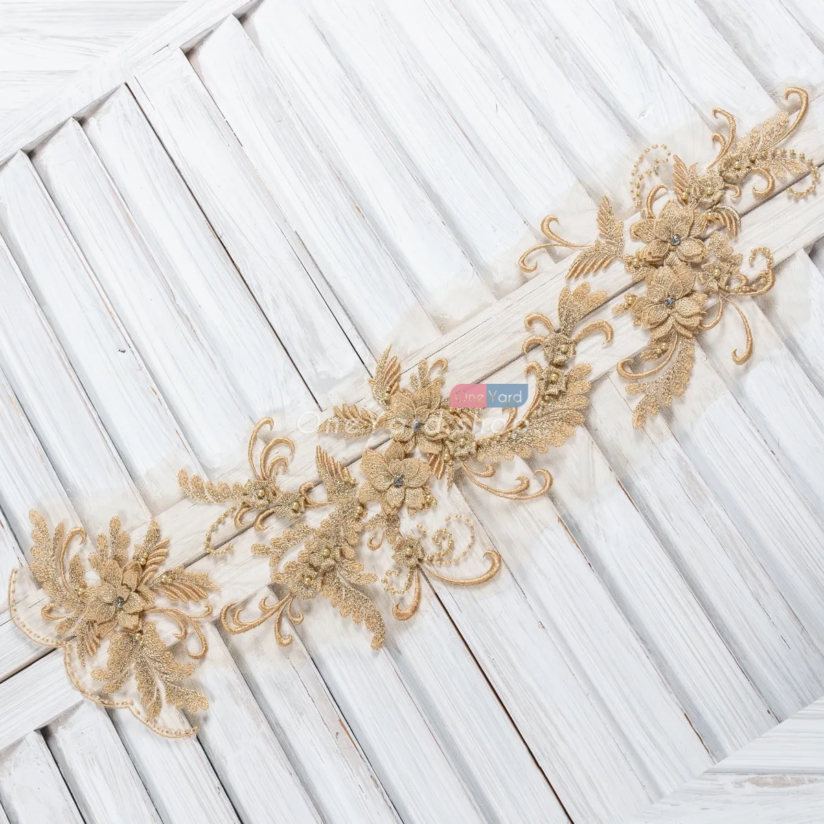 beaded champagne gold 3D flowers floral lace applique