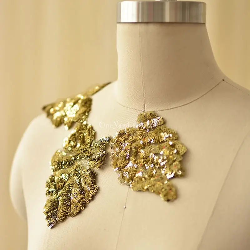 Gold Leaf Pattern Micro Sequin Lace Applique - OneYard