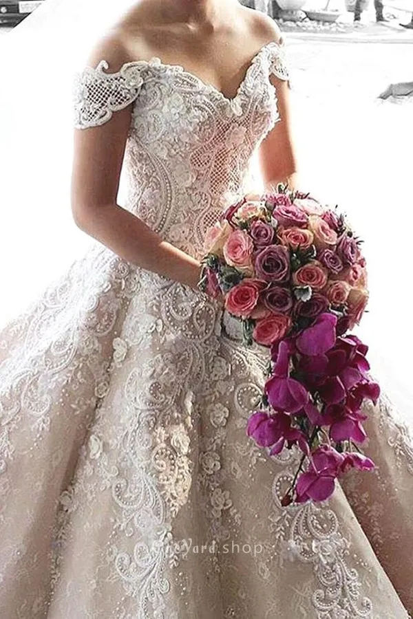 ivory wheat bridal lace appliqued bridal gown