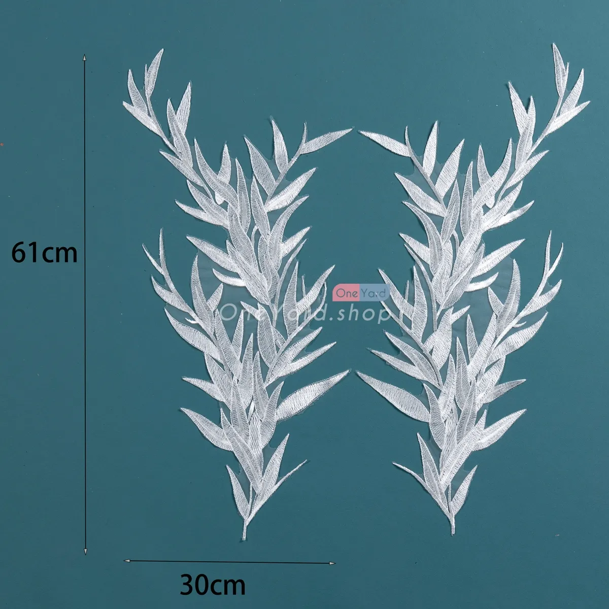 pair of bamboo leaf pattern embroidered white lace appliques