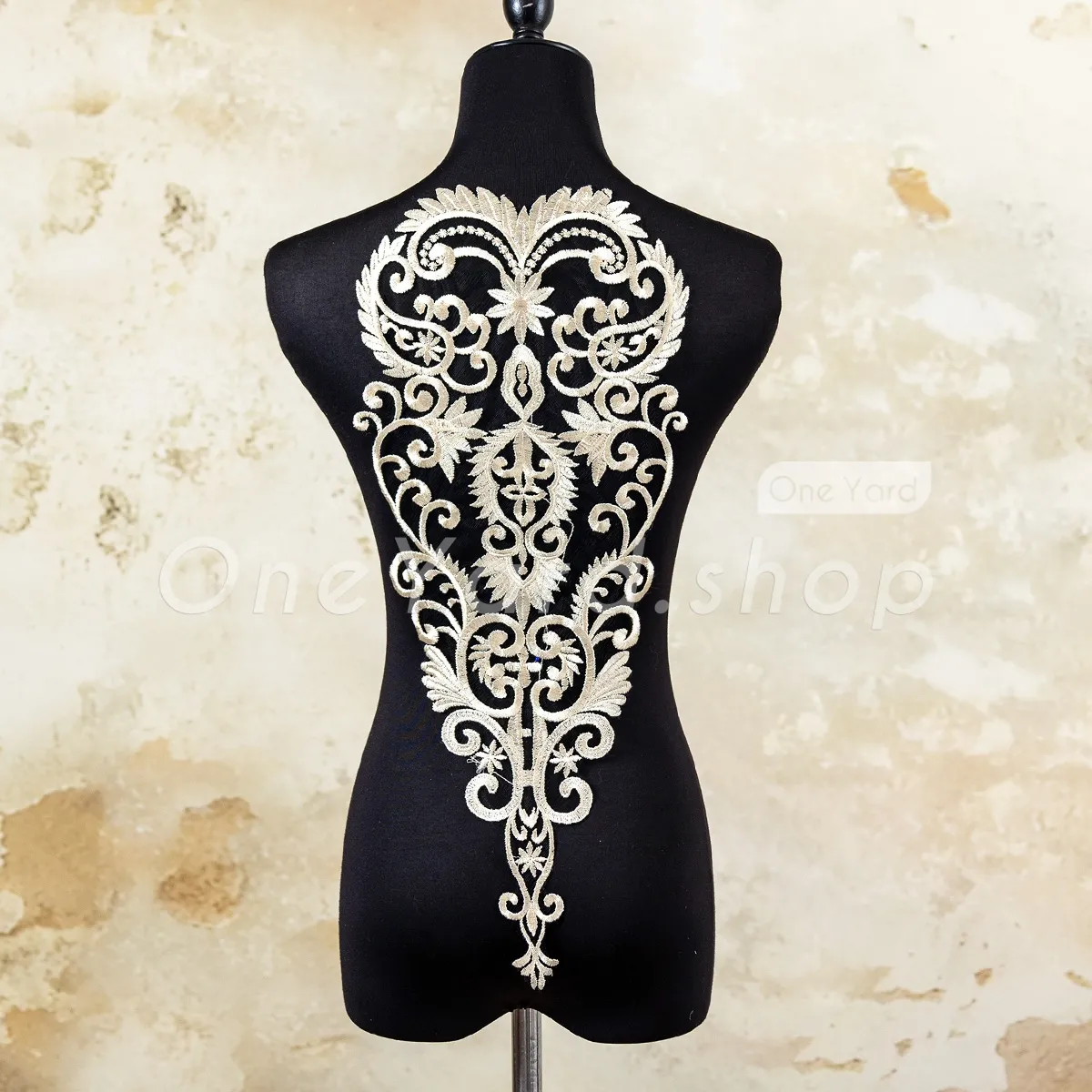 light gold large baroque black mesh lace applique