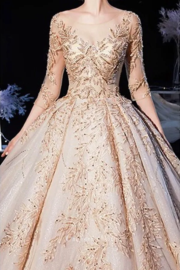 sequinned champagne gold leaf appliqued gown
