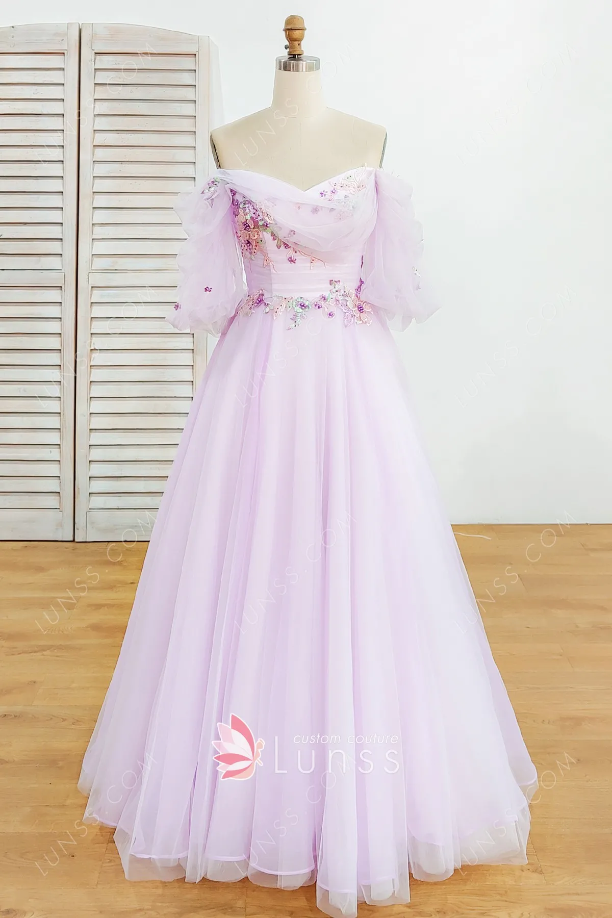 fairytale 3d flowers decored lilac tulle formal dress