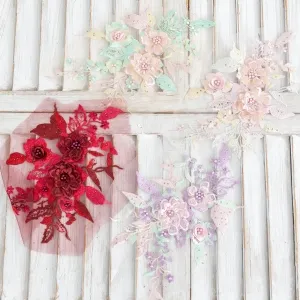 pearled 3D embroidered lace flowers dress decoration for sale