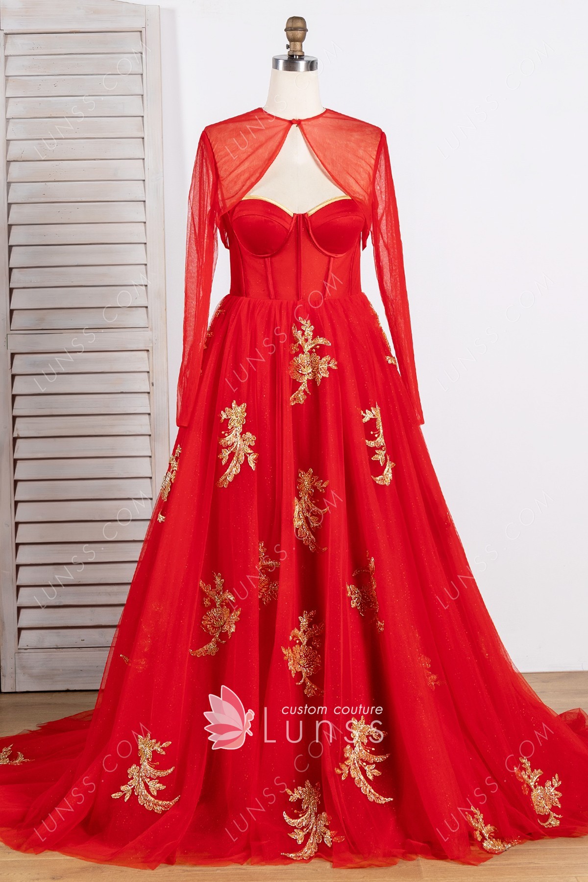 gold beading lace flower appliqued dress