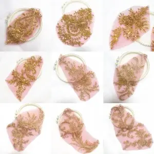 gold beading lace flower appliques over red mesh