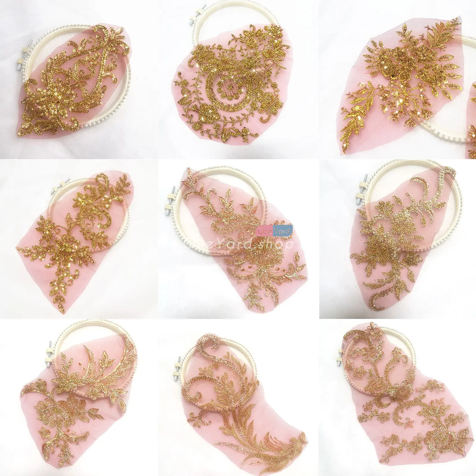 gold beading lace flower appliques over red mesh