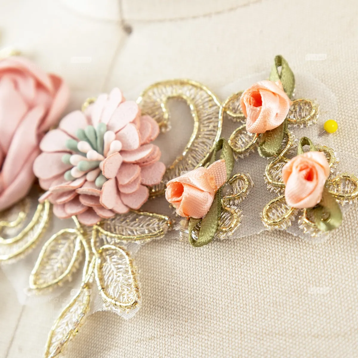gold embroidery lace pink 3D flower for dressmaking