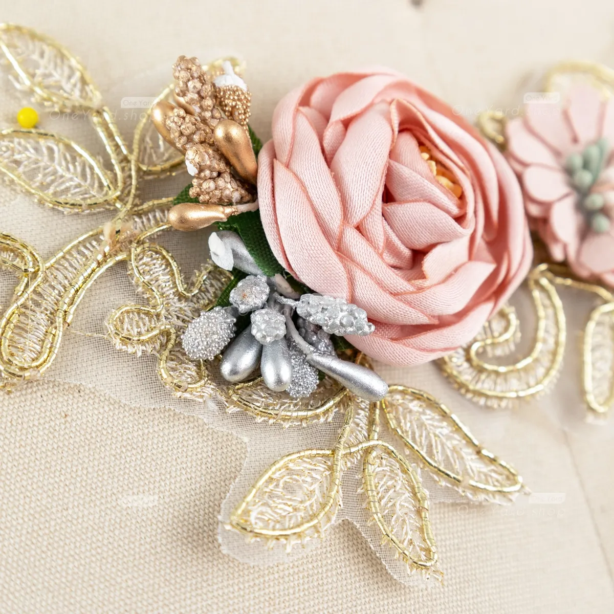 gold embroidery lace with pink 3D flowers bud applique