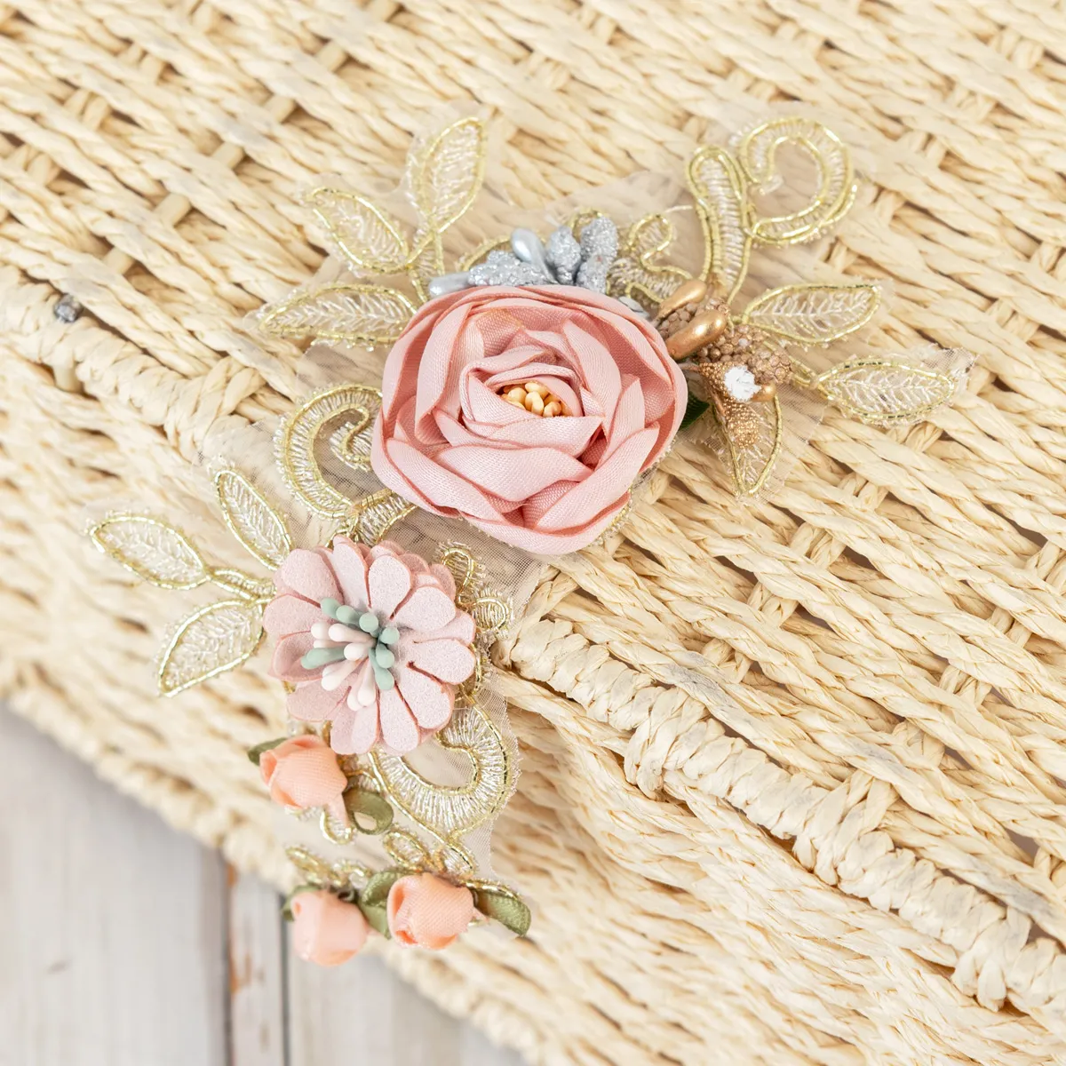 pink 3D flower gold lace motif