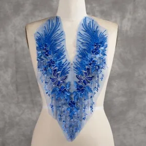 pearl beaded royal blue flower dressmaking applique