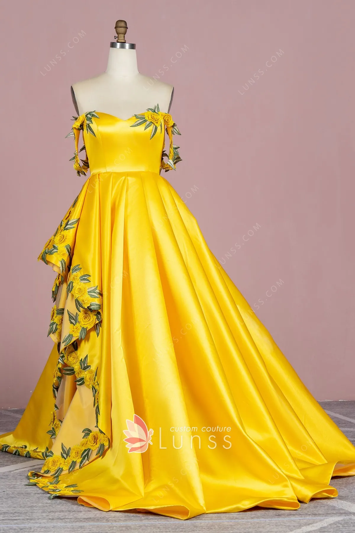 embroidery large flower appliqued prom dress