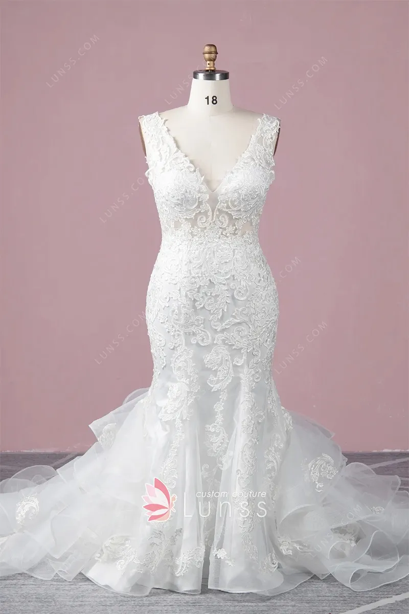 off white embroidered lace appliqued wedding dress