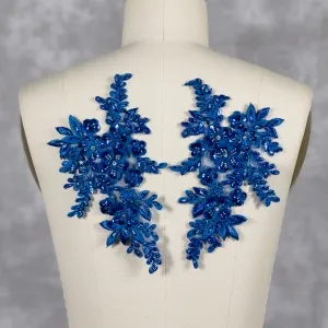 royal blue beaded floral lace appliques for sewing