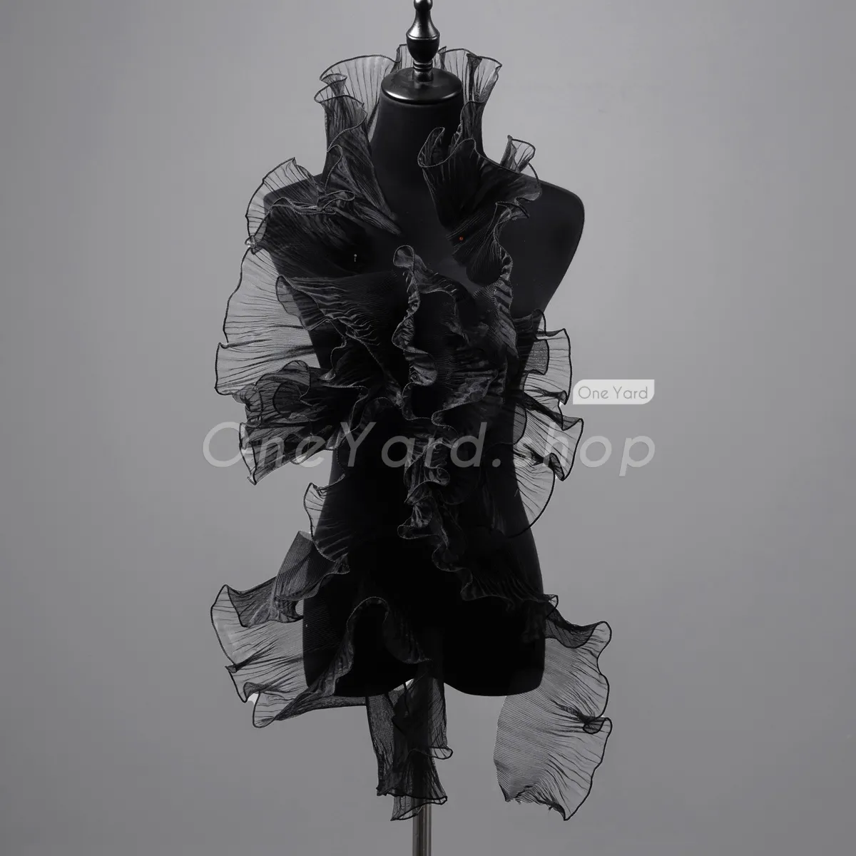 ruffled all black sheer organza trim for decorations and dresses by the yard