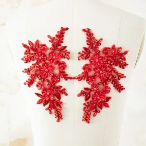 bright red beaded floral lace appliques for dresses