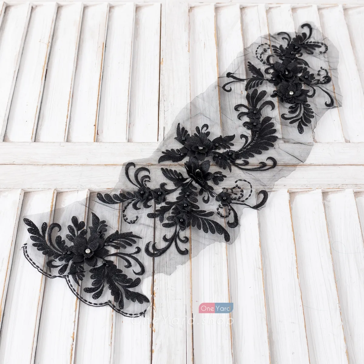 beaded and pearled black 3D flower embroidery lace applique