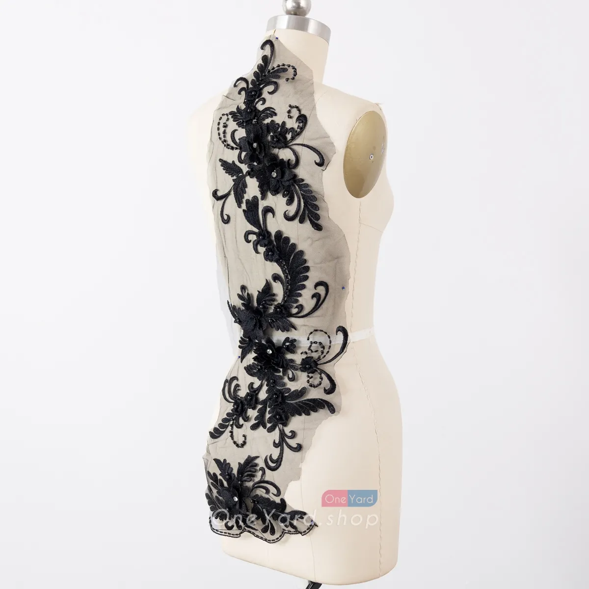 beaded black 3d flower lace applique