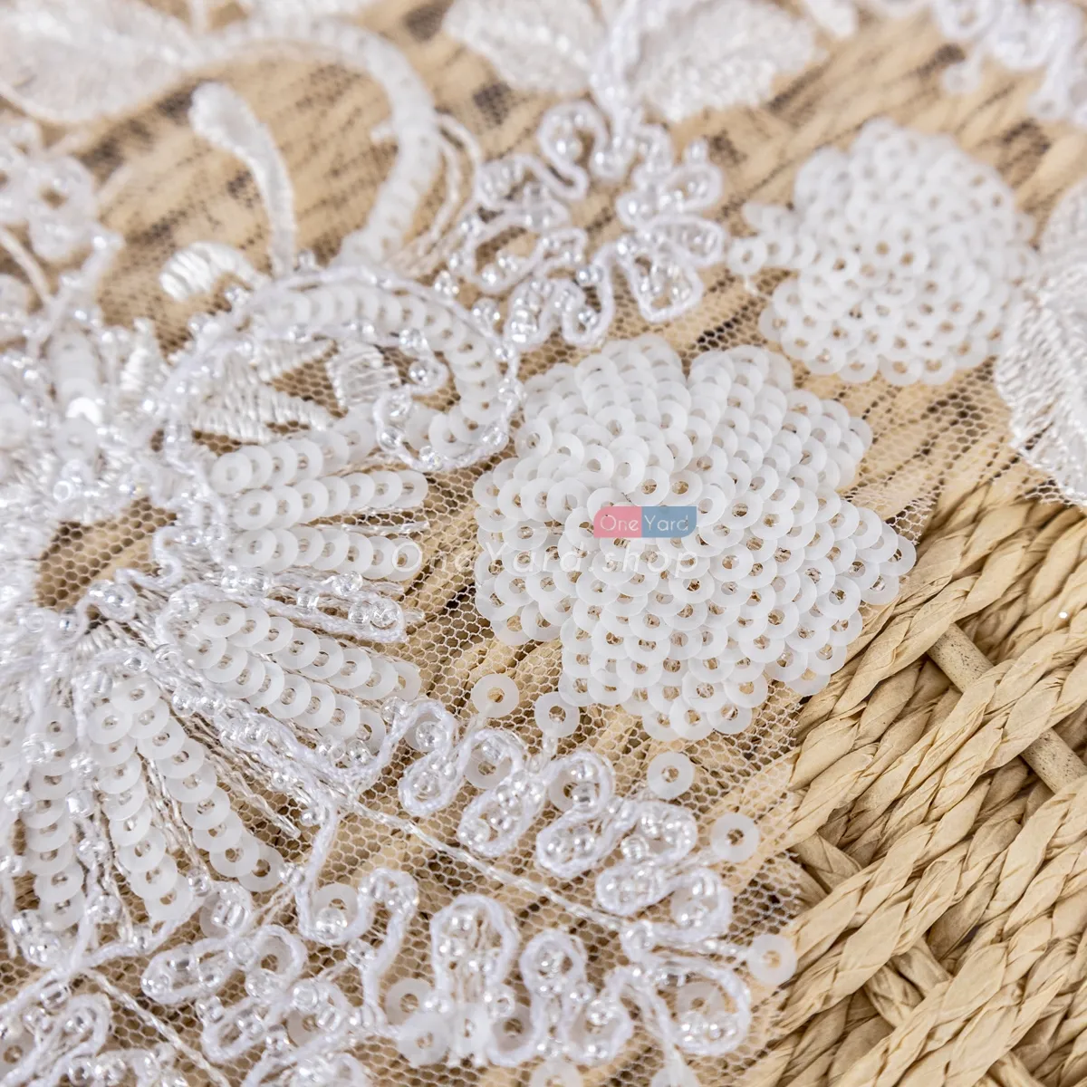 Luxury White Sequinned Beaded Floral Lace Applique - OneYard