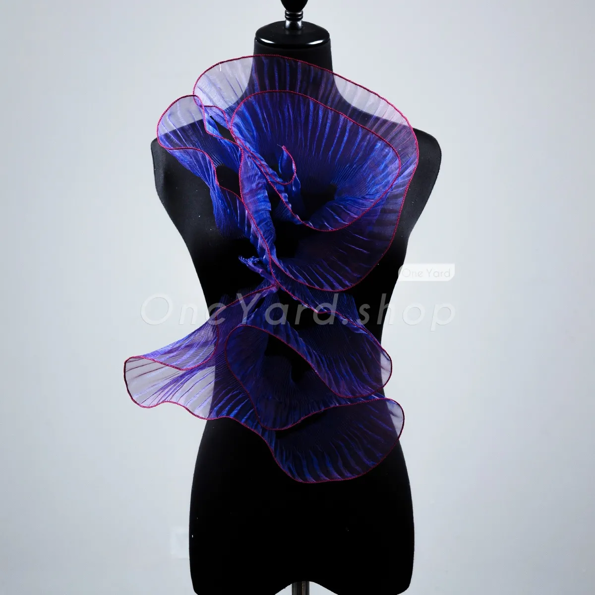 cascading flounced dark magenta and blue iridescent sheer organza ruffles