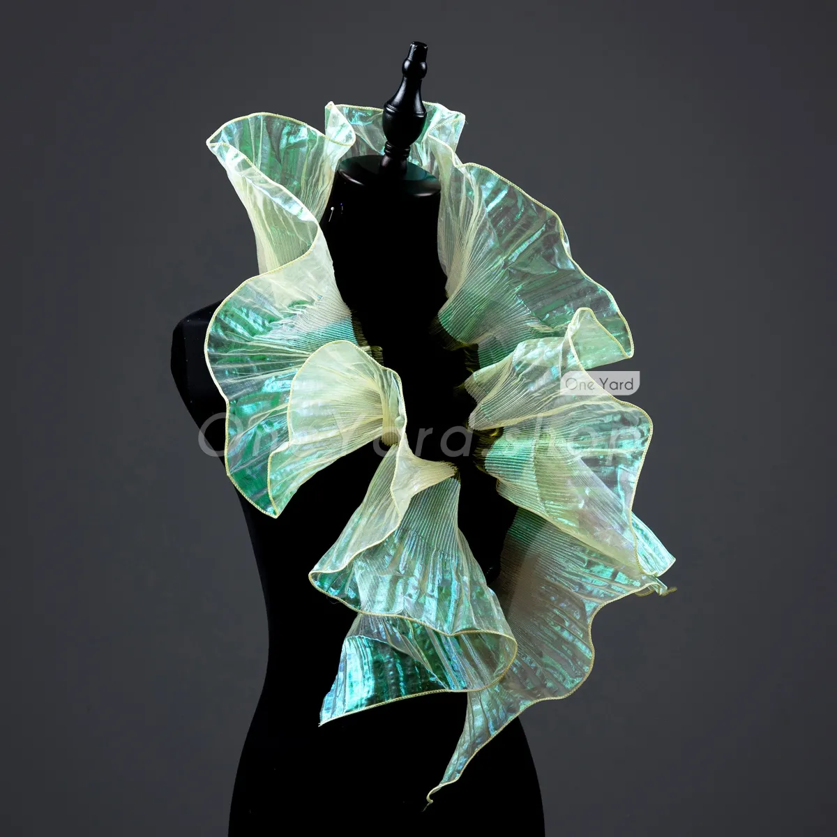 iridescent daffodil shirred organza trim for cascading tiered dresses