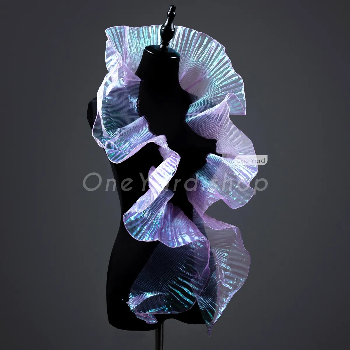 shiny iridescent lilac stretchy pleated organza ruffles sold by the yard