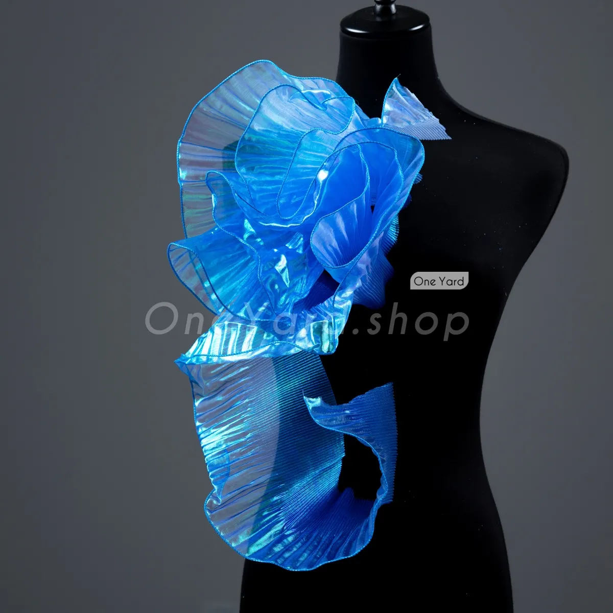 shiny royal blue pleated stiff shape organza trim
