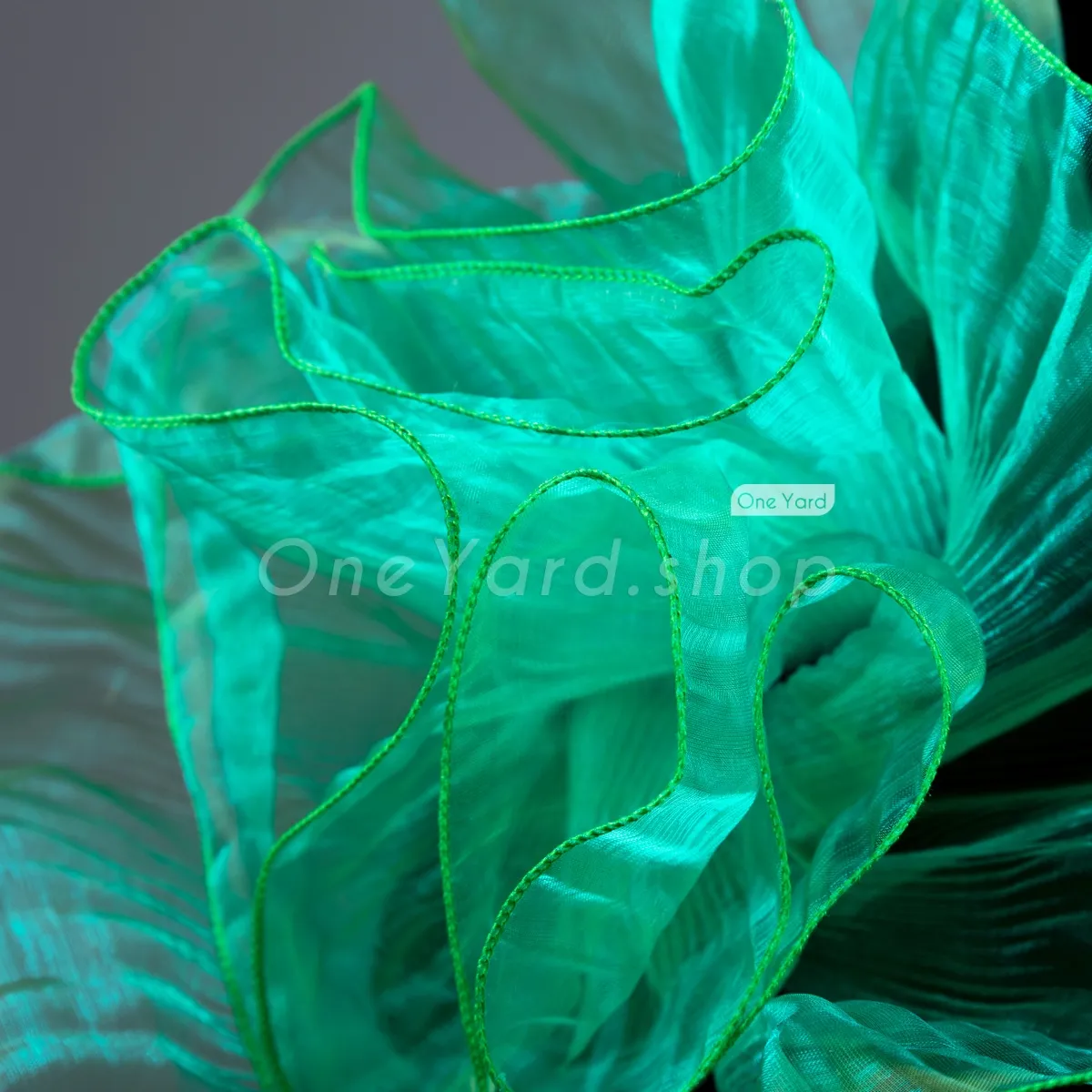 shirred sheer iridescent green big wave organza trim