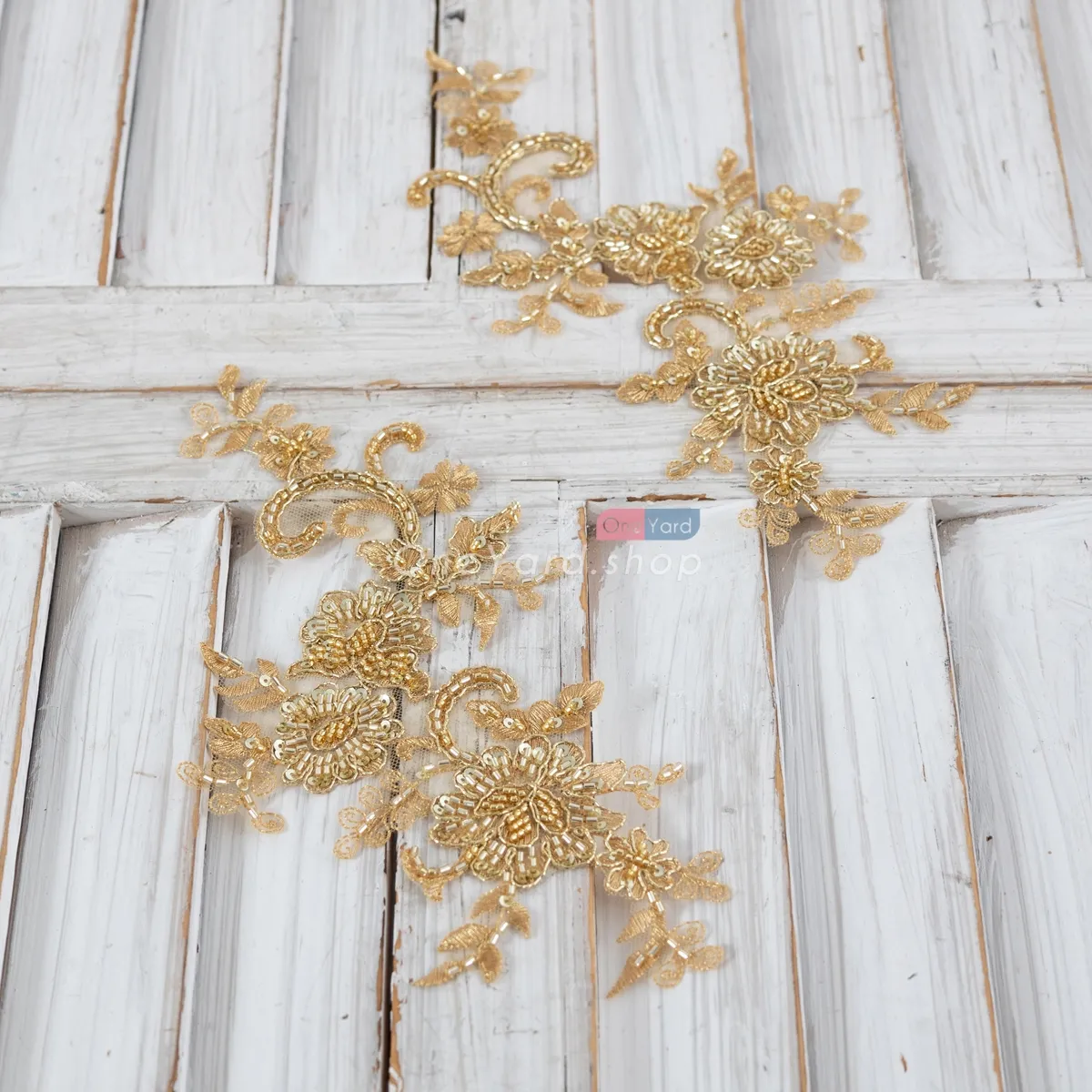 pair of sparkly gold beaded floral pattern lace appliques