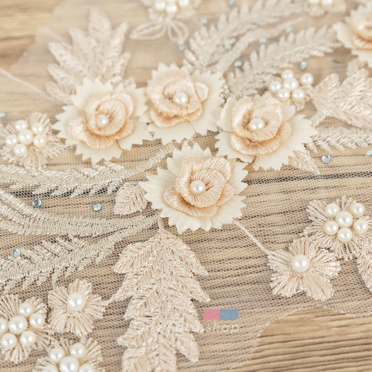 champagne beaded 3D floral motif