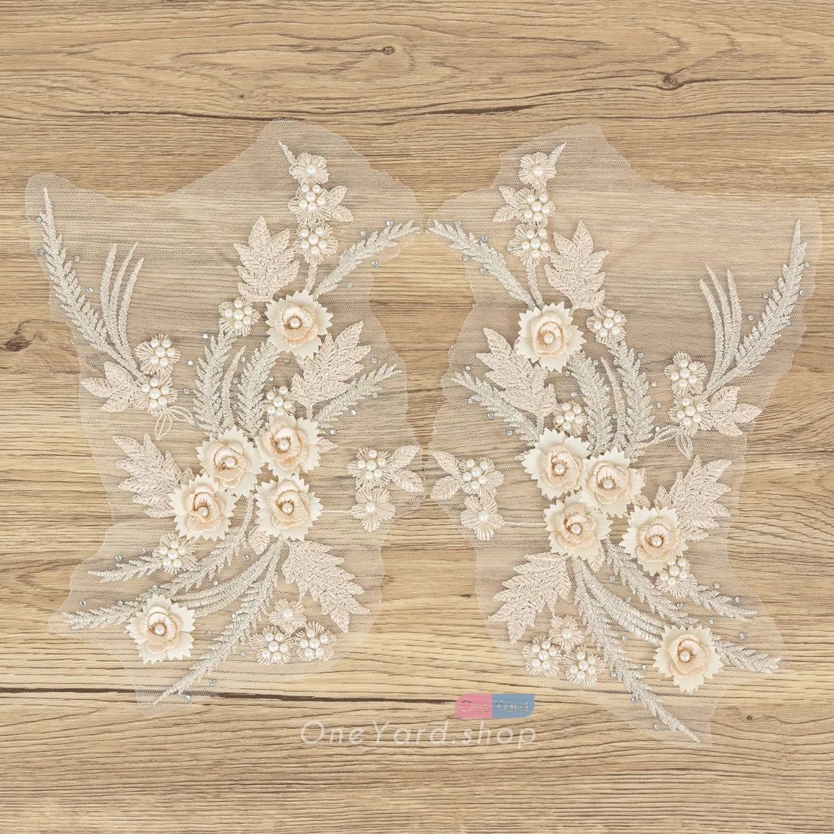 pearled champagne 3D flower applique for dresses