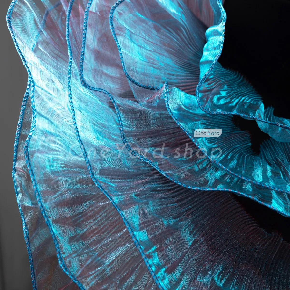 peacock blue flounced organza trim