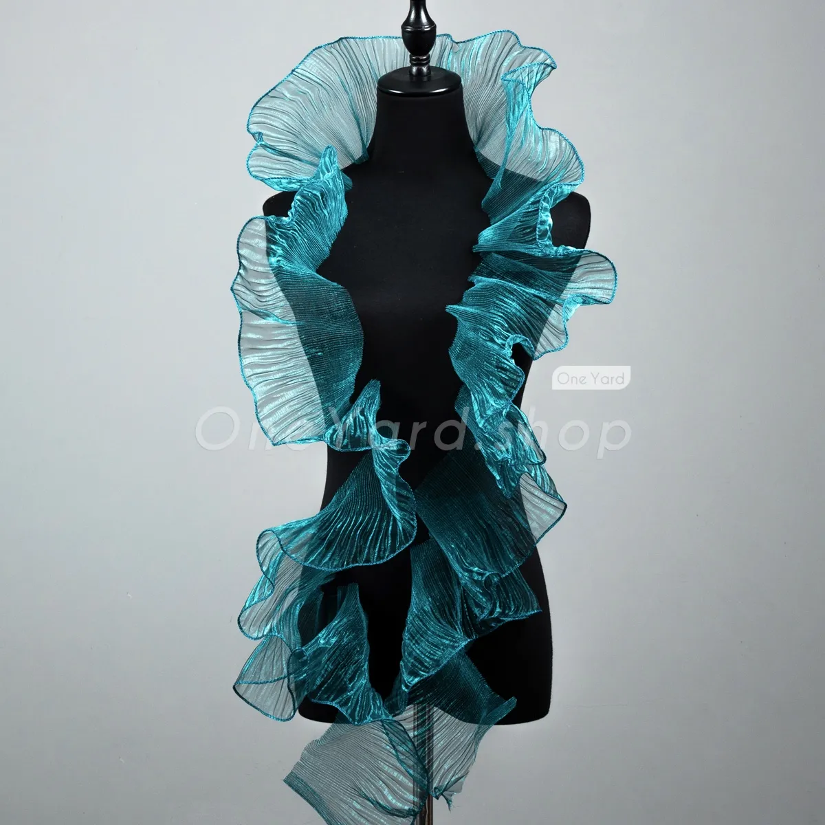 sheer pleated peacock blue organza trim