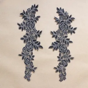 black floral lace applique with silver boning