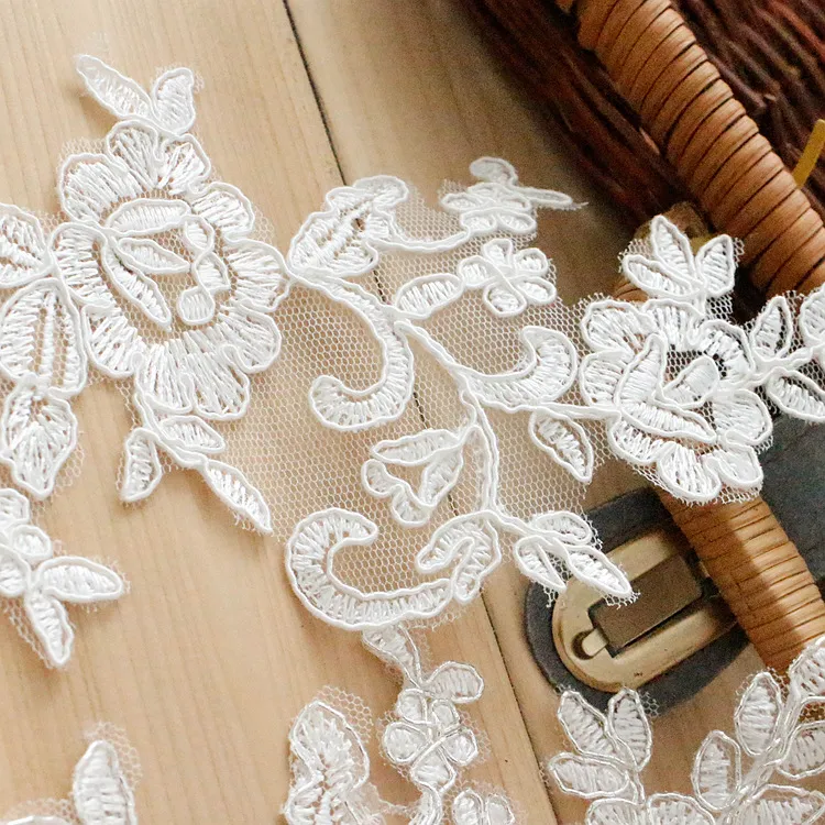 off white leaf floral lace appliques with corded edges