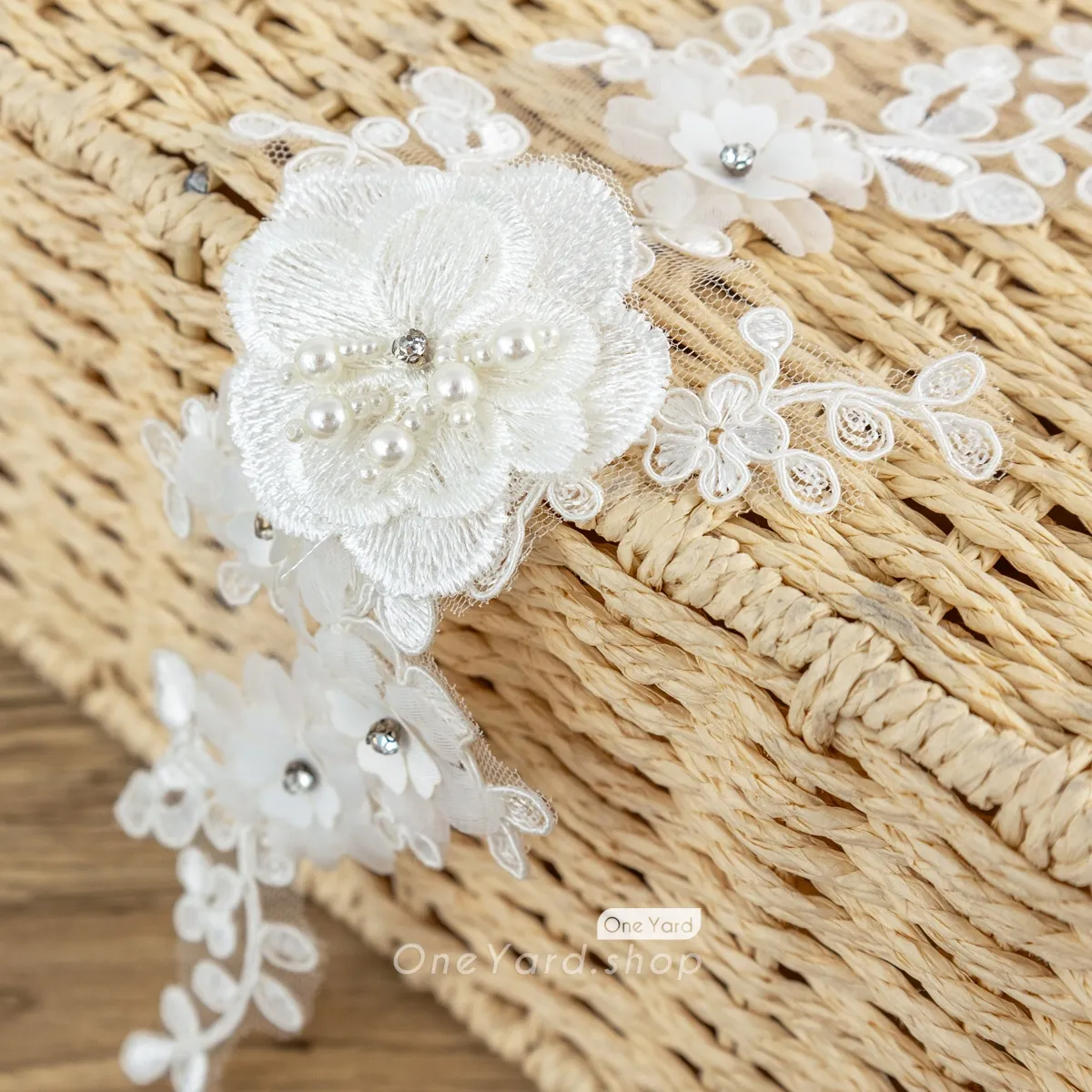 off white pearled 3D flower lace motif